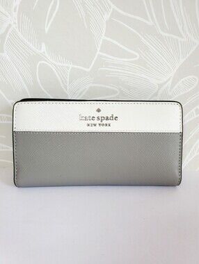 Kate Spade Leather Staci Snap Wallet Bi Fold Slim Colorblock Nimbus Grey